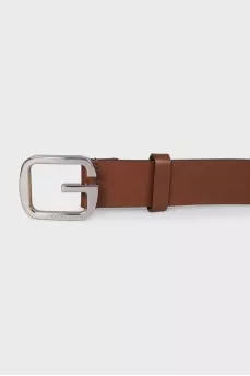 Brown leather belt with logo buckle
