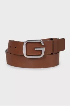 Brown leather belt with logo buckle