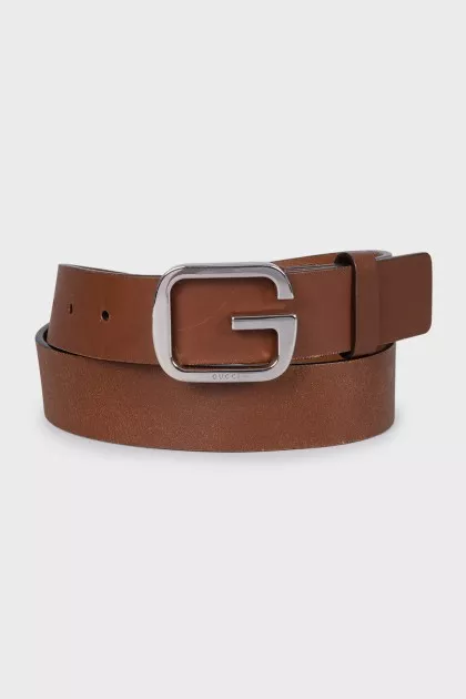 Brown leather belt with logo buckle