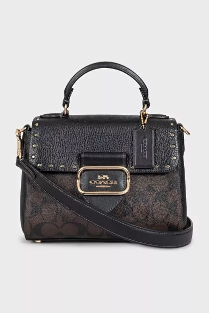 Leather satchel with signature print