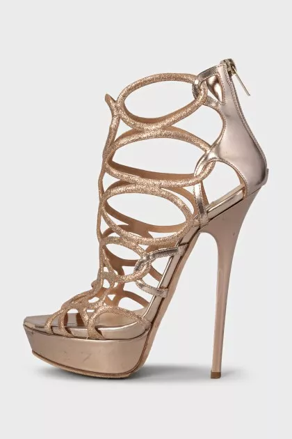 Gold leather high heel sandals