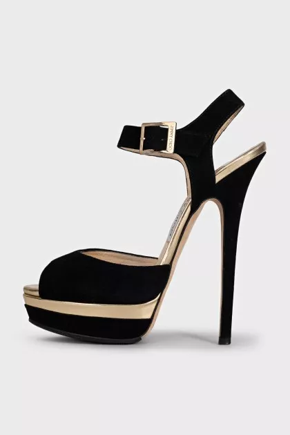 Black suede sandals with gold insert
