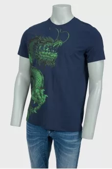 Dark blue men's T-shirt with a green dragon