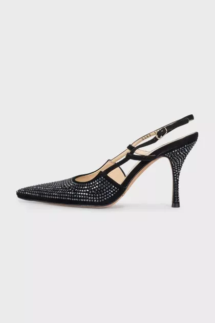 Black slingbacks decorated with rhinestones