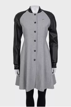 Gray coat with leather sleeves