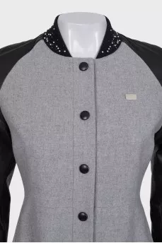 Gray coat with leather sleeves