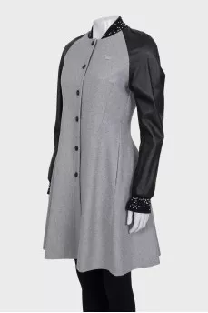 Gray coat with leather sleeves