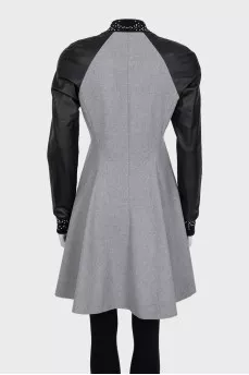 Gray coat with leather sleeves