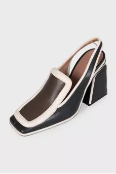 Two-tone leather square-toe slingbacks