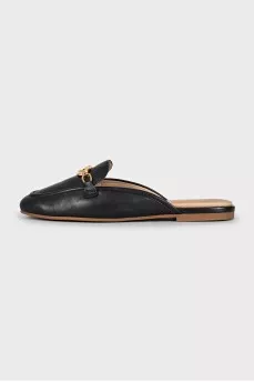 Black leather mules with gold logo