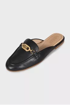 Black leather mules with gold logo