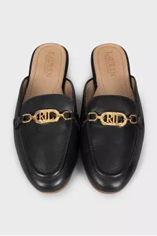 Black leather mules with gold logo