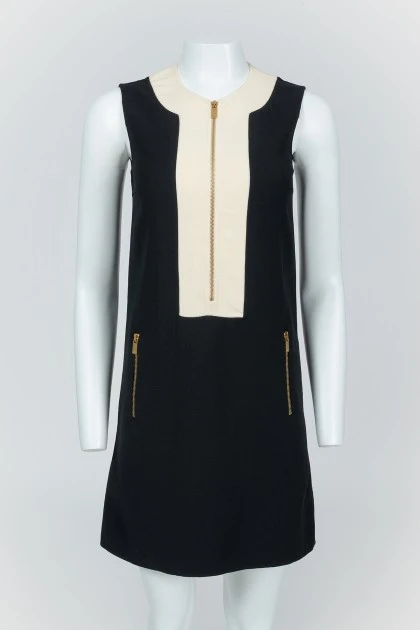 Black and beige sleeveless zip dress with tag