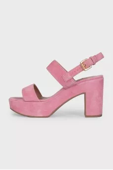 Pink suede sandals with a stable heel