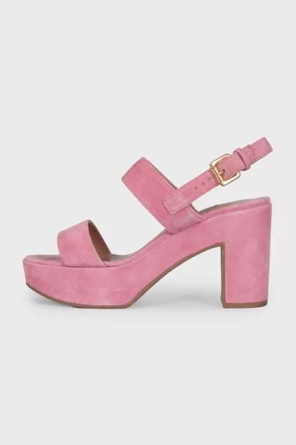 Pink suede sandals with a stable heel