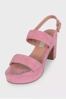 Pink suede sandals with a stable heel