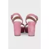 Pink suede sandals with a stable heel