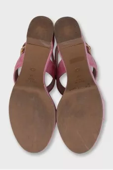 Pink suede sandals with a stable heel