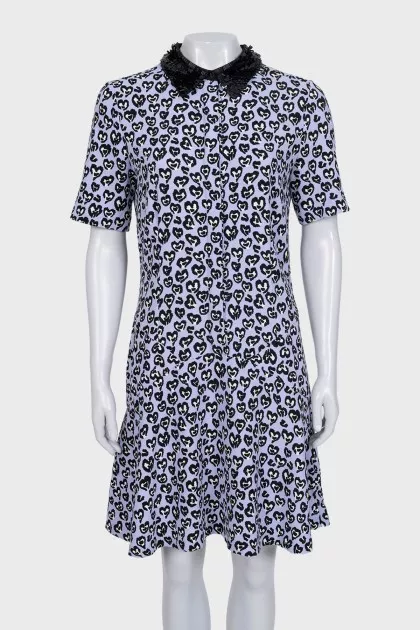 Animal print dress with embellished collar