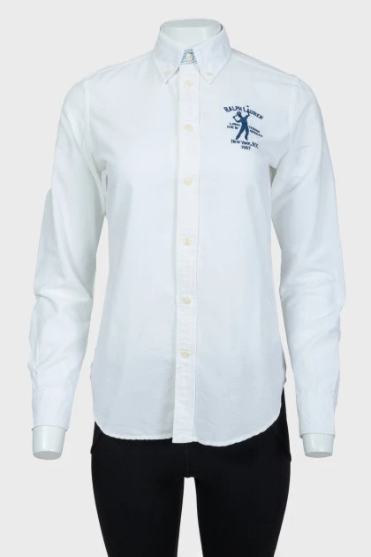 White shirt with blue embroidered brand logo