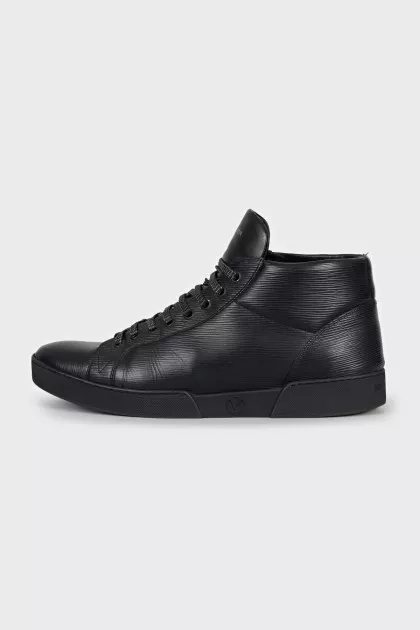 Men's black leather boots with logo