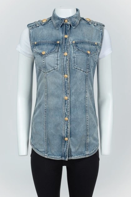 Denim vest with golden branded buttons