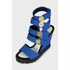 Blue leather wedge sandals