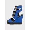 Blue leather wedge sandals