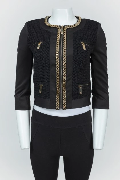 Black jacket with golden chains with a zipper