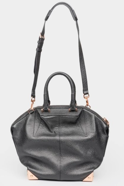 Black leather zip bag with tag