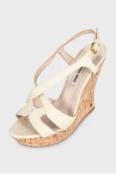 Beige leather wedge sandals