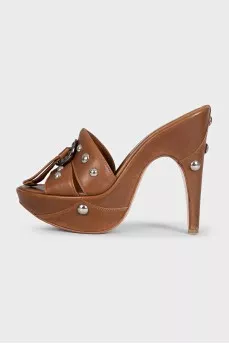 Brown leather sandals with metallic embellishments