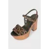 Printed leather sandals with wooden heels