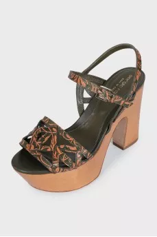 Printed leather sandals with wooden heels