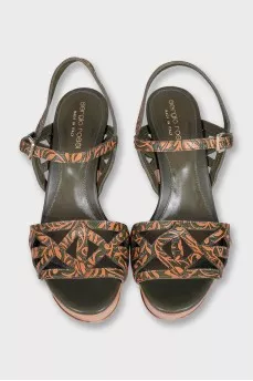 Printed leather sandals with wooden heels