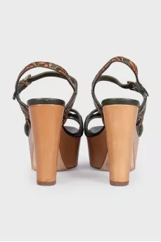 Printed leather sandals with wooden heels