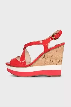 Red leather wedge sandals