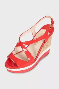 Red leather wedge sandals
