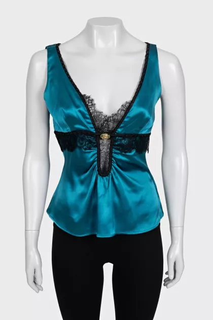 Blue silk top with lace