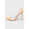 Beige leather pumps with sheer insert