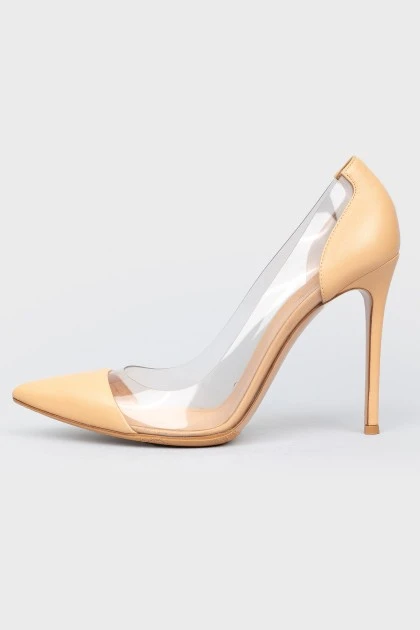Beige leather pumps with sheer insert