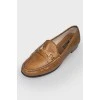 Golden leather loafers, shimmer with golden green color