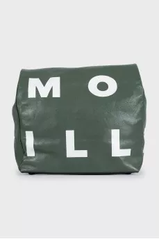 Green leather clutch with signature print