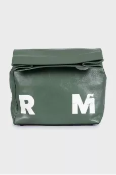 Green leather clutch with signature print
