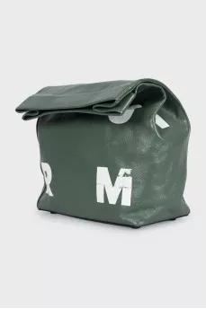 Green leather clutch with signature print