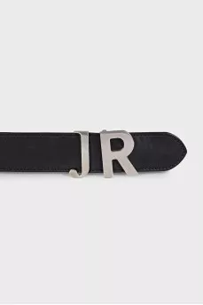 Leather belt with silver logo buckle