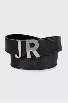 Leather belt with silver logo buckle