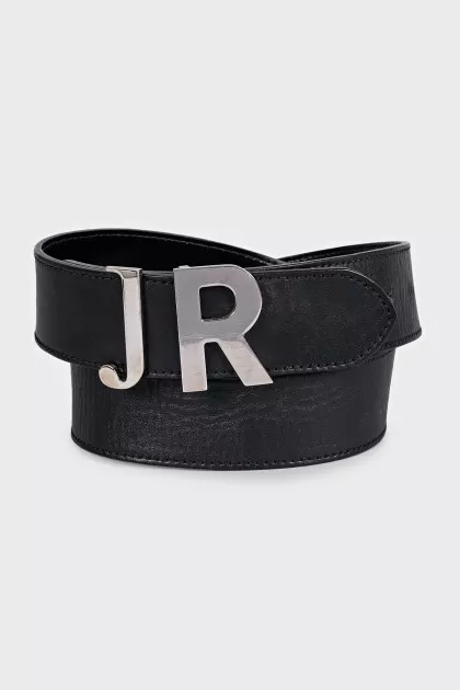 Leather belt with silver logo buckle