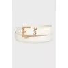 White leather belt with gold logo