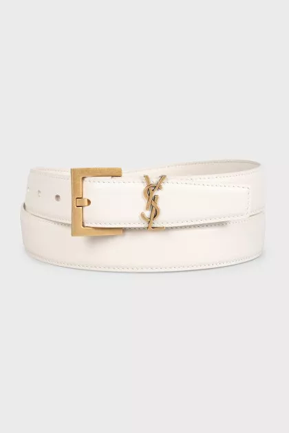 White leather belt with gold logo